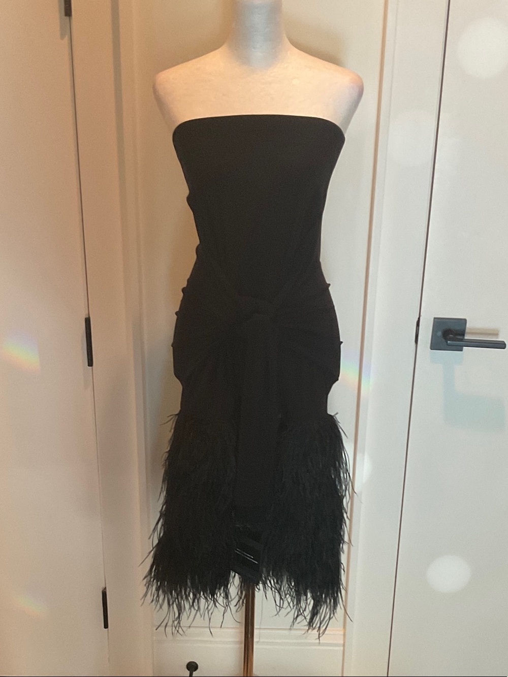 Norma Kamali Strapless Black Feather-Hem Knot Dress